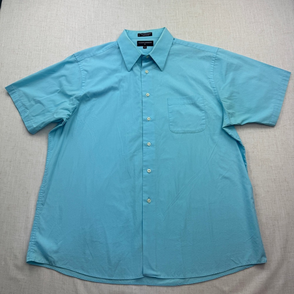 Saddlebred Button Down Shirt Mens XL Turquoise Short Sleeve Solid Classic Work